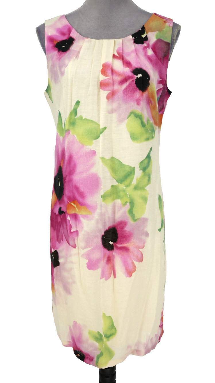 Loft Dress Petites 10P Ivory Pink Floral Linen Blend Shift Pleated Neckline